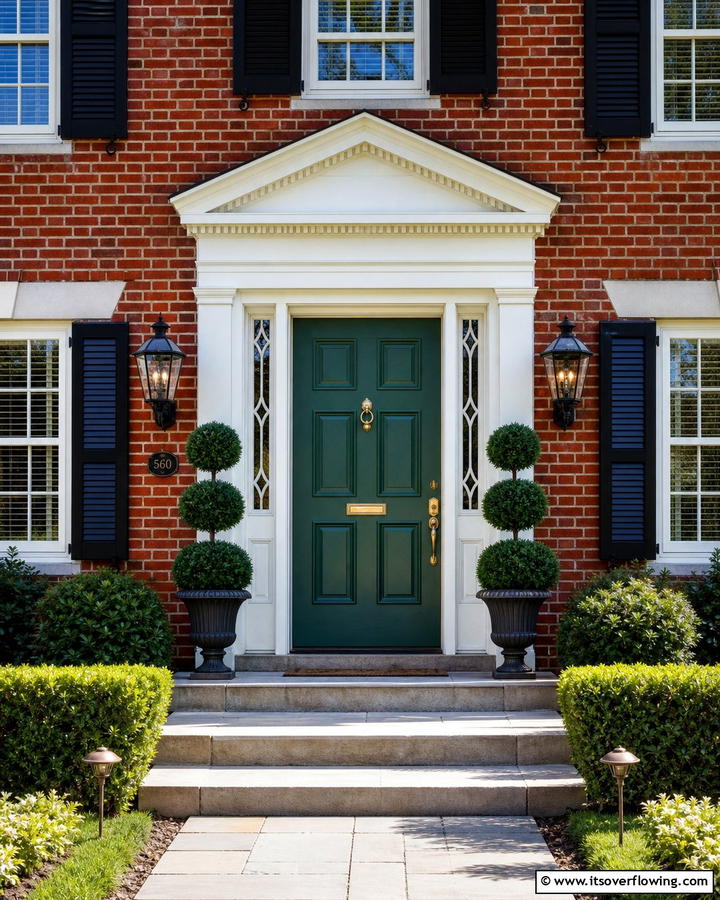 Spruce Green Door with Contrasting Red Brick - 20 Stunning Dark Green Front Door Ideas for Curb Appeal