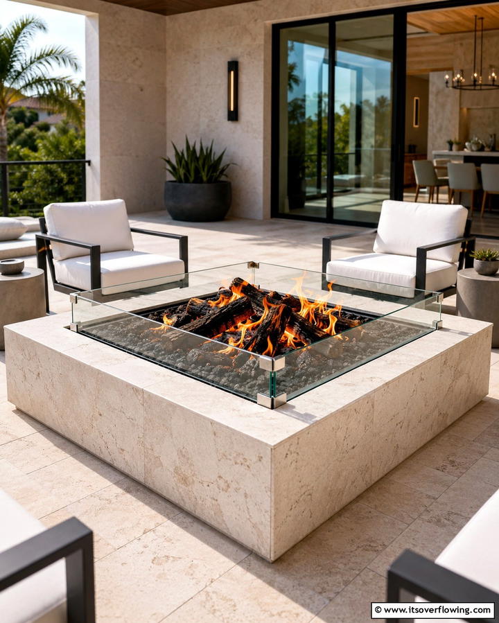 Square Fire Pit with Glass Windscreen - 25 Wood Burning Fire Pit Ideas for Cozy Nights