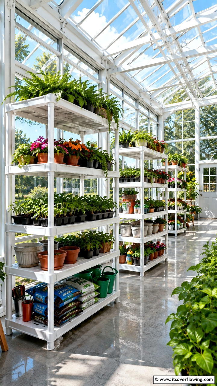 Stackable Resin Shelving Units - 30 Greenhouse Shelving Ideas- Organized Plant Storage