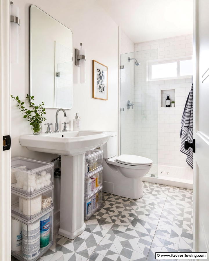 Stackable Storage Bins - 20 Pedestal Sink Storage Ideas for Organized Bathrooms