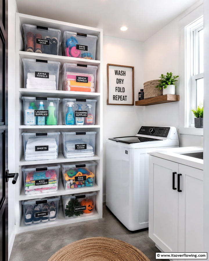 Stackable Storage Bins - 20 Small Laundry Room Ideas With a Top Load Washing Machine