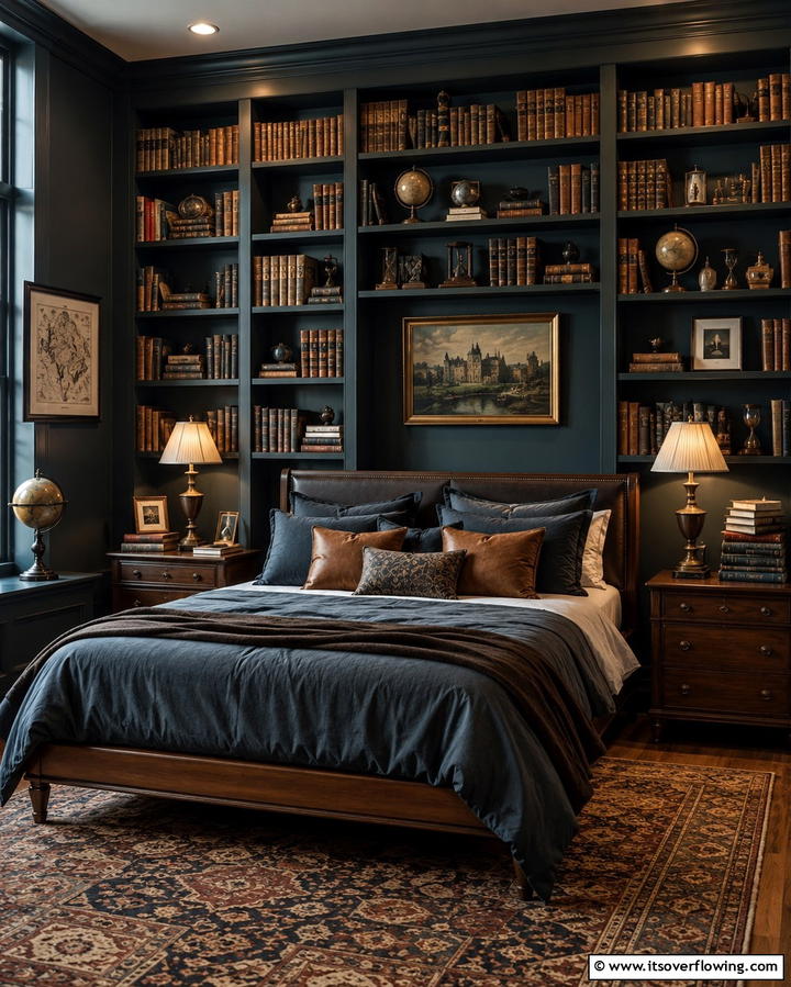 Stacked Books and Open Shelves - 30 Dark Academia Bedroom Designs for a Scholarly Aesthetic