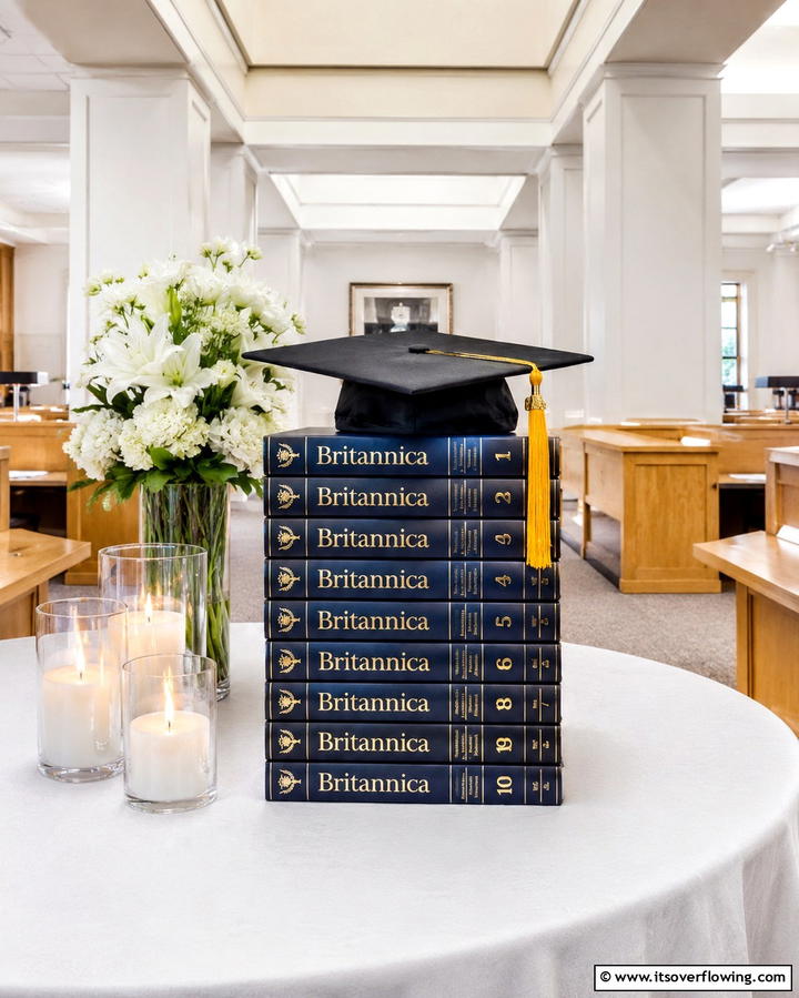 Stacked Books with Graduation Accents - 25 Graduation Centerpiece Ideas for Memorable Celebrations