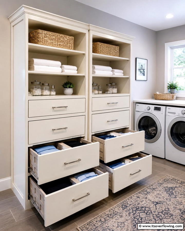 Stacked Drawer Laundry Shelf Units - 30 Laundry Room Shelf Ideas- Maximize Storage & Efficiency