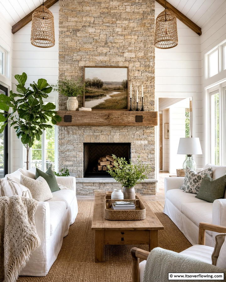 Stacked Stone Fireplace with a Wooden Mantel - 25 Stacked Stone Fireplace Ideas for a Rustic Look
