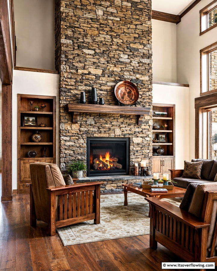 Stacked Stone Fireplace - 25 Craftsman-style Fireplace Ideas- Classic & Elegant Designs