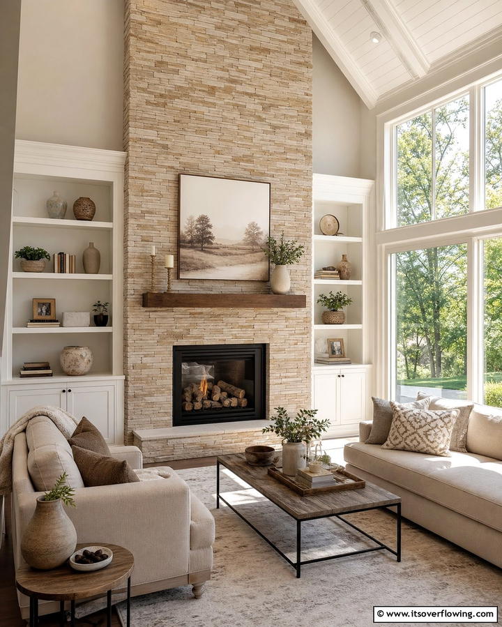 Stacked Stone for a Textured Look - 25 Floor to Ceiling Stone Fireplace Ideas for Drama