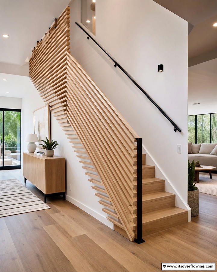Stacked Wood Slat Railing - 30 Wood Stair Railing Ideas for Warm Architectural Detail