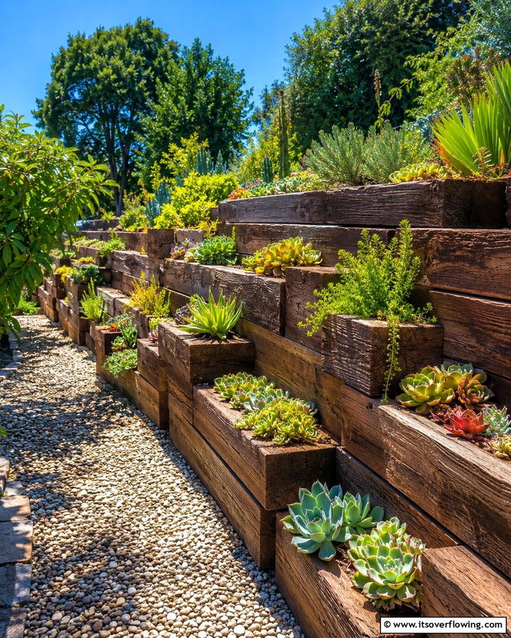 Staggered Timber Retaining Walls - 20 Durable Wood Retaining Wall Ideas for Your Yard