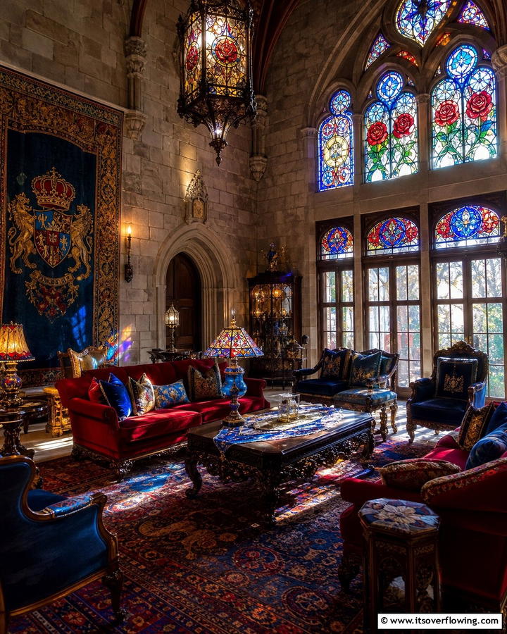 Stained Glass Accents - 25 Castle Living Room Ideas for a Majestic and Regal Ambiance