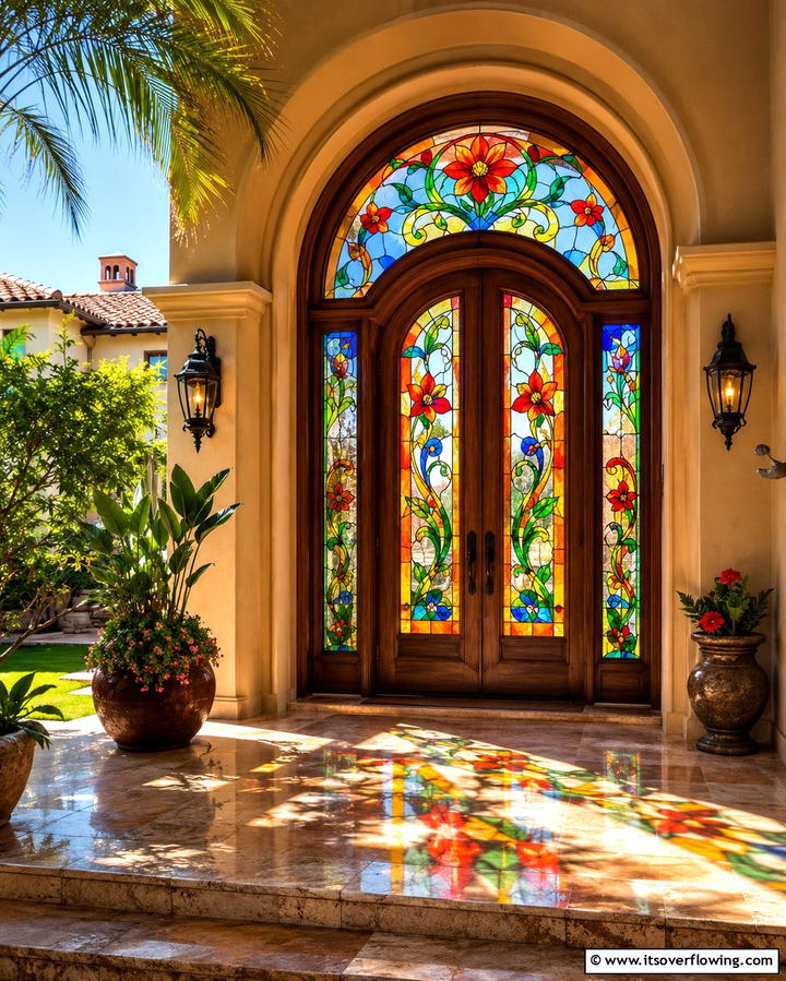 Stained Glass Accents - 25 Spanish Style Front Door Ideas for Curb Appeal