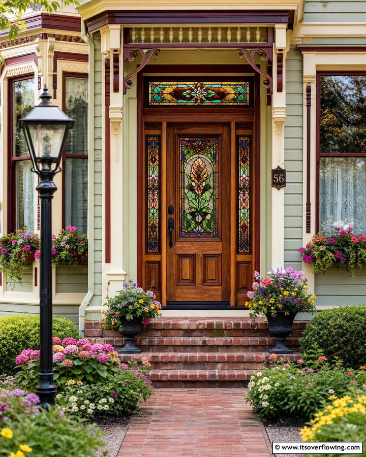 Stained Glass Accents - 25 Stylish Brown Front Door Ideas for Your Home
