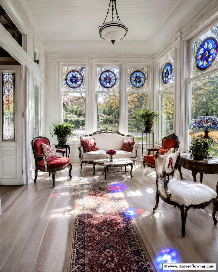 Stained Glass Accents for Vibrant Light - 25 Victorian Sunroom Ideas for a Bright Retreat