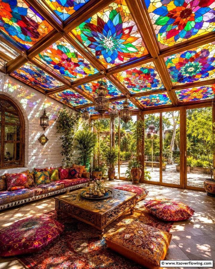 Stained Glass Panels for Artistic Flair - 25 Patio Ceiling Ideas for Stylish Outdoor Spaces