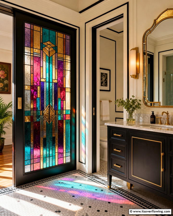 Stained Glass Pocket Door for Art Deco Vibes - 20 Bathroom Pocket Door Ideas for Modern Homes