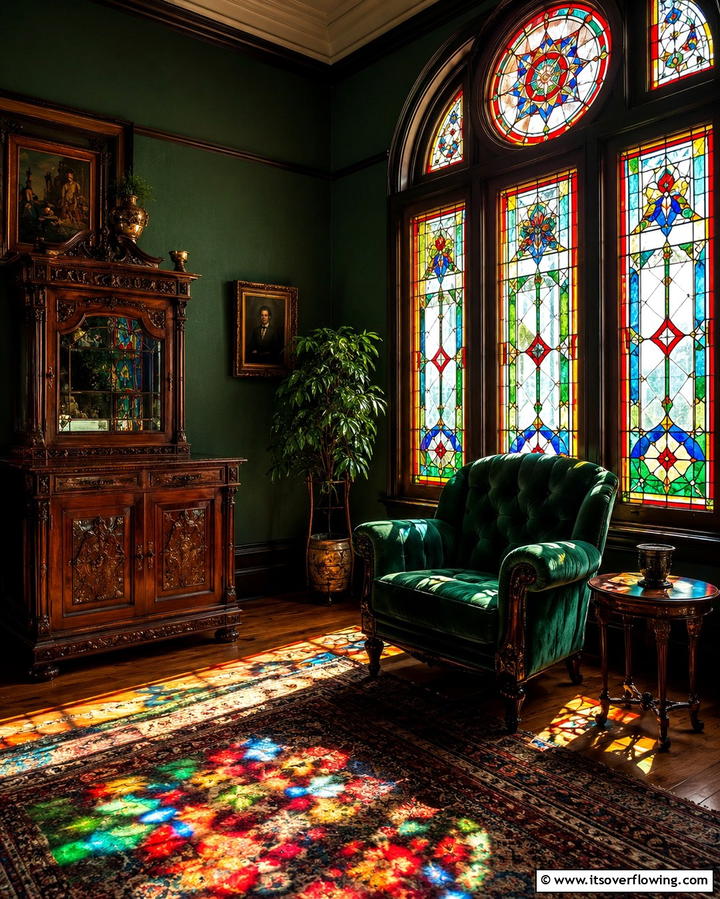 Stained Glass Windows - 25 Victorian Dark Green Living Room Ideas for Drama