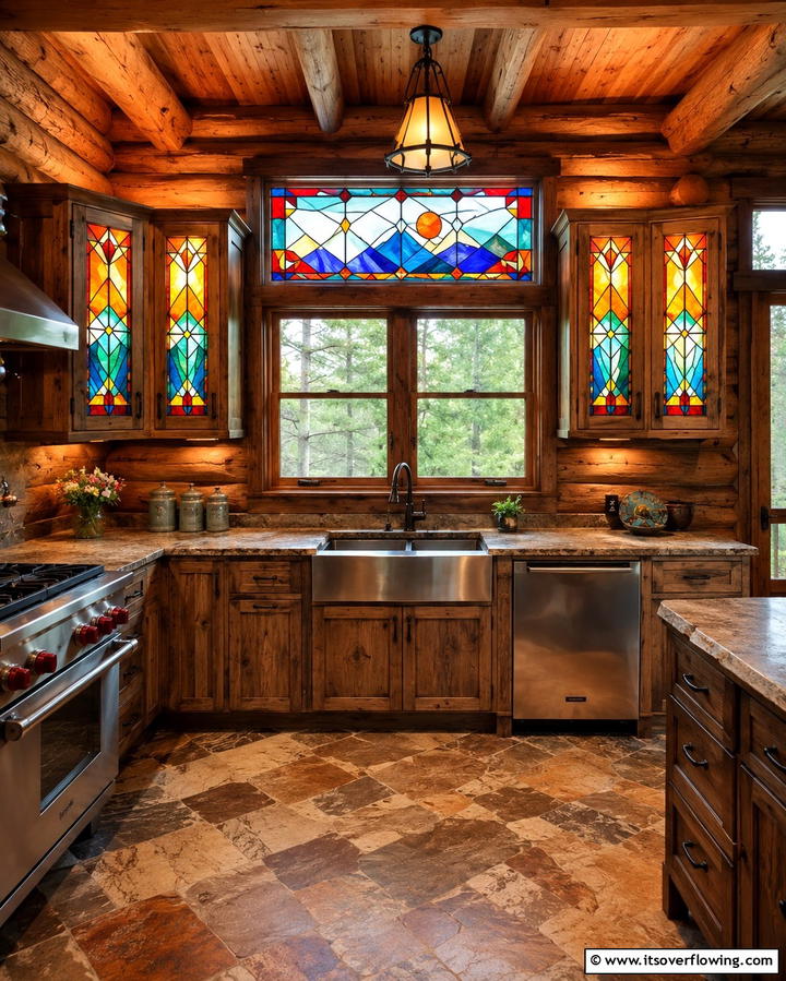 Stained Glass Windows for Artistic Touch - 25 Log Cabin Kitchen Design Ideas for a Rustic Look