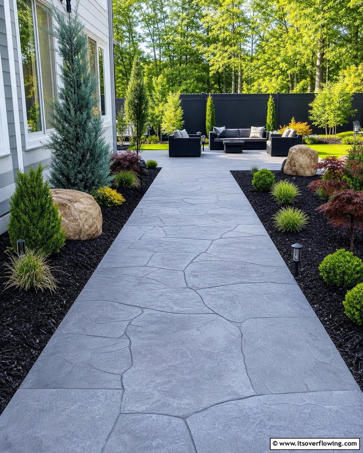 Stamped Concrete Grey Walkway - 20 Grey Paver Walkway Ideas for a Modern Landscape