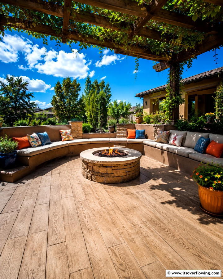 Stamped Concrete Patio with Built In Benches and Fire Pit - 20 Stamped Concrete Patio With Fire Pit Ideas