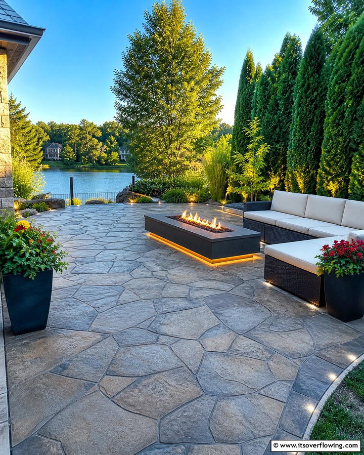 Stamped Concrete Patio with Fire Pit and Accent Lighting - 25 Stamped Concrete Patio With Fire Pit Ideas
