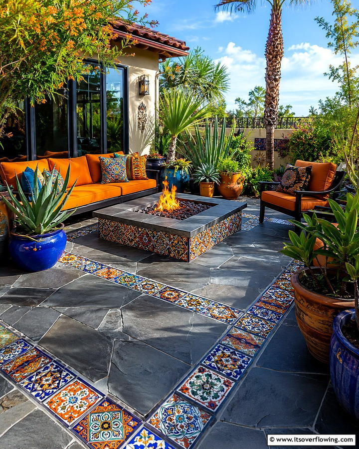 Stamped Concrete Patio with Fire Pit and Accent Tiles - 20 Stamped Concrete Patio With Fire Pit Ideas