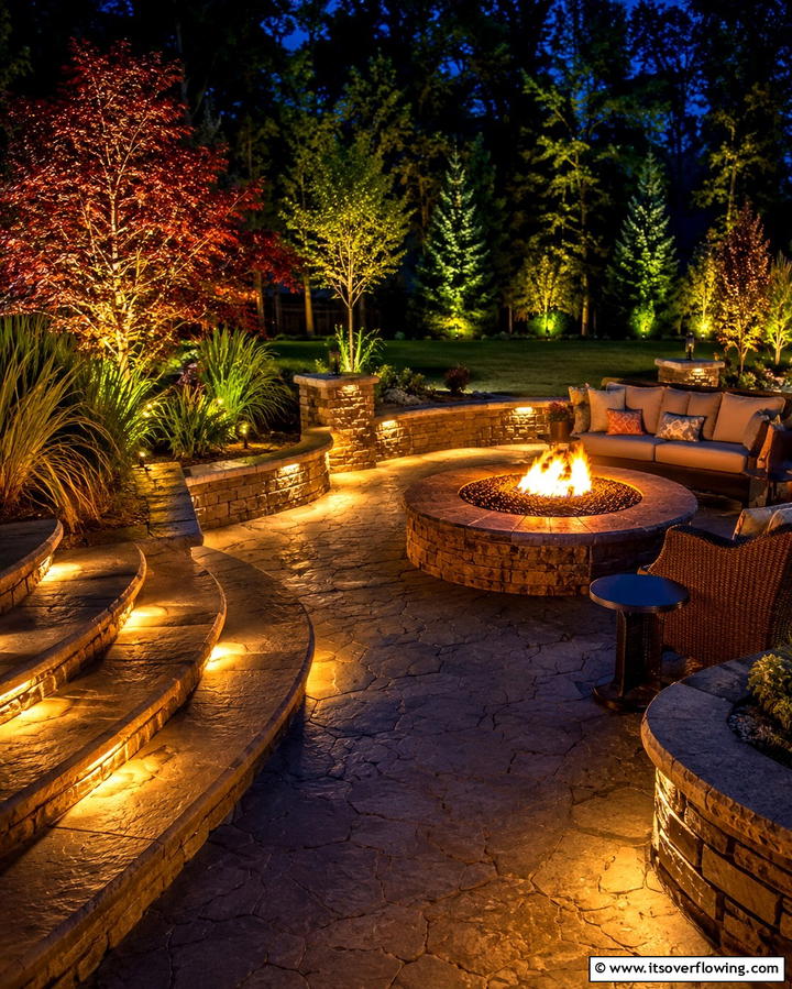 Stamped Concrete Patio with Fire Pit and Built In Lighting - 20 Stamped Concrete Patio With Fire Pit Ideas