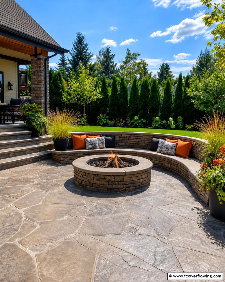 Stamped Concrete Patio with Fire Pit and Built In Seating - 25 Stamped Concrete Patio With Fire Pit Ideas