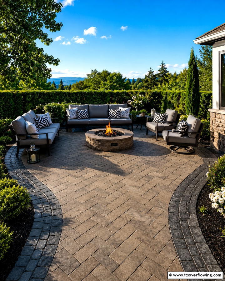 Stamped Concrete Patio with Fire Pit and Decorative Border - 20 Stamped Concrete Patio With Fire Pit Ideas