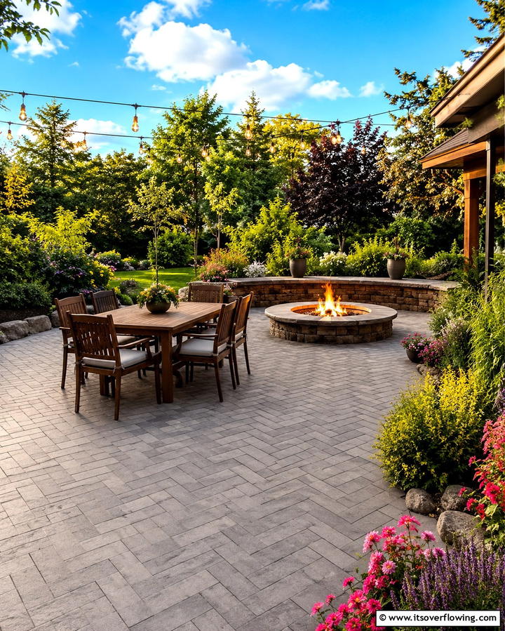 Stamped Concrete Patio with Fire Pit and Dining Area - 20 Stamped Concrete Patio With Fire Pit Ideas