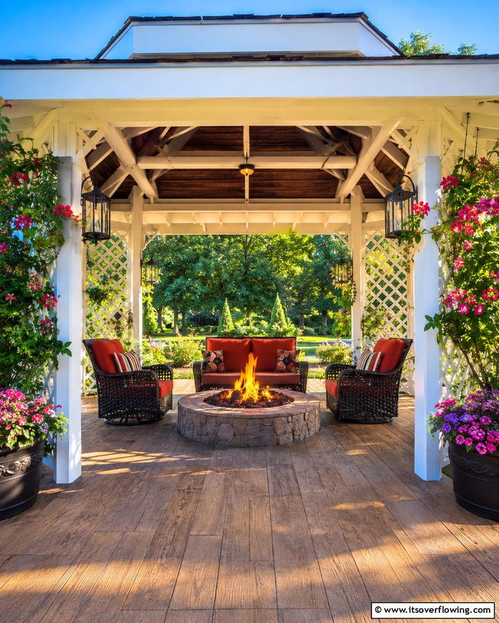Stamped Concrete Patio with Fire Pit and Gazebo - 20 Stamped Concrete Patio With Fire Pit Ideas