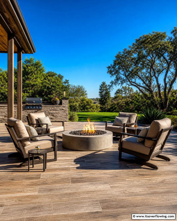 Stamped Concrete Patio with Fire Pit and Lounge Chairs - 25 Stamped Concrete Patio With Fire Pit Ideas