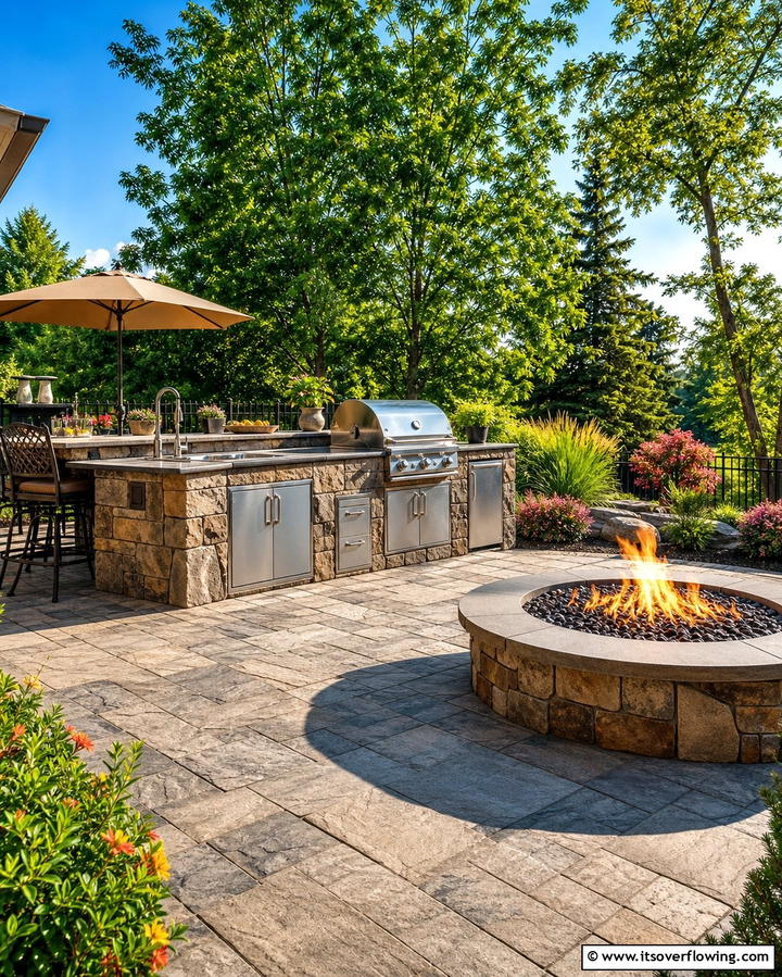 Stamped Concrete Patio with Fire Pit and Outdoor Kitchen - 25 Stamped Concrete Patio With Fire Pit Ideas