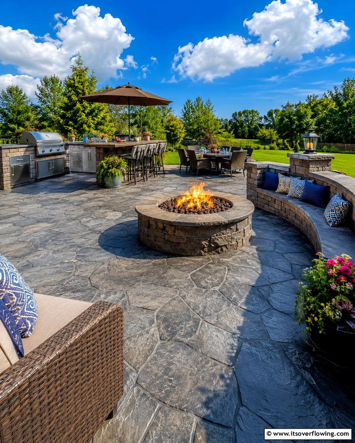 Stamped Concrete Patio with Fire Pit and Outdoor Kitchen - 20 Stamped Concrete Patio With Fire Pit Ideas
