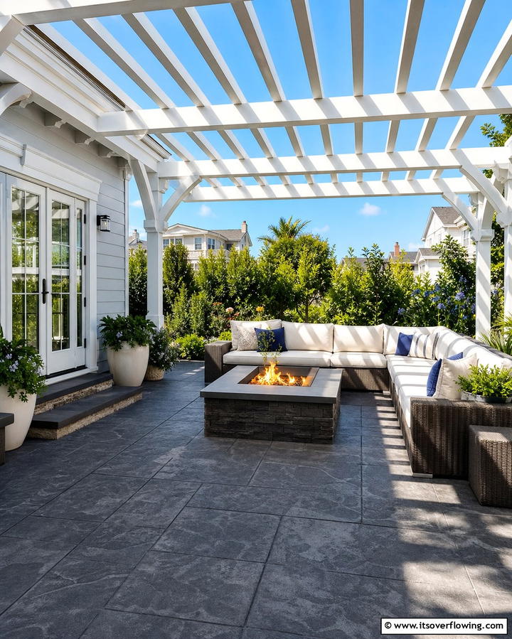 Stamped Concrete Patio with Fire Pit and Pergola - 25 Stamped Concrete Patio With Fire Pit Ideas