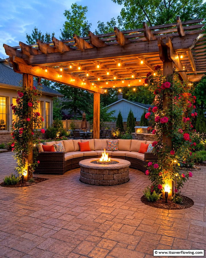 Stamped Concrete Patio with Fire Pit and Pergola - 20 Stamped Concrete Patio With Fire Pit Ideas
