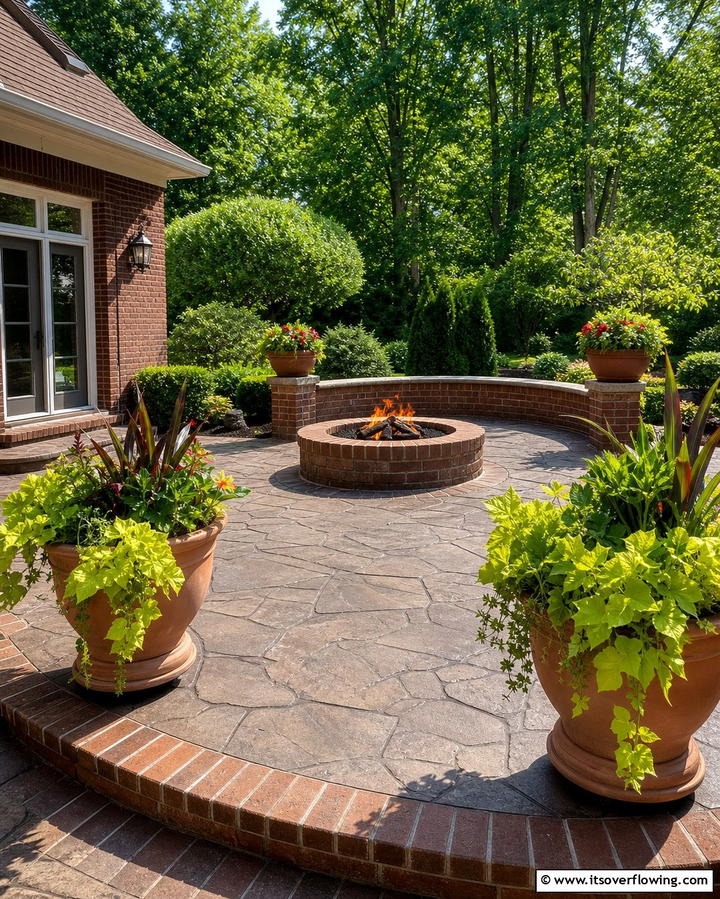 Stamped Concrete Patio with Fire Pit and Planters - 25 Stamped Concrete Patio With Fire Pit Ideas