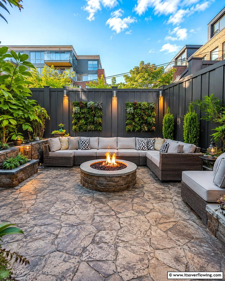 Stamped Concrete Patio with Fire Pit and Privacy Wall - 20 Stamped Concrete Patio With Fire Pit Ideas