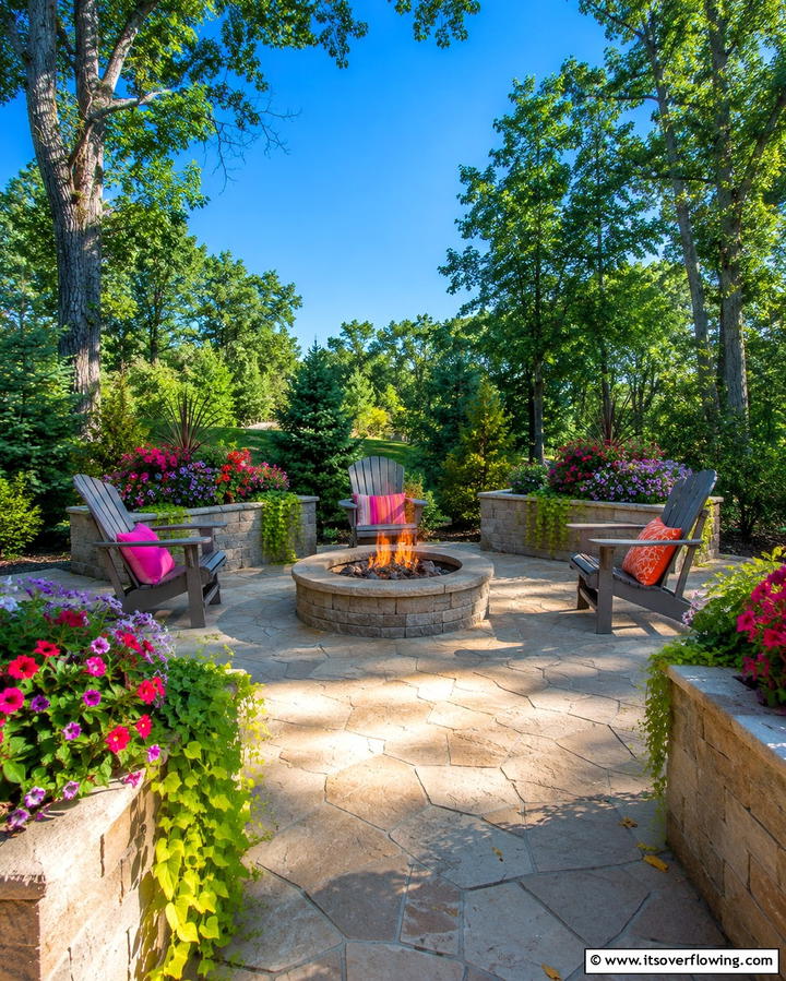 Stamped Concrete Patio with Fire Pit and Raised Planters - 20 Stamped Concrete Patio With Fire Pit Ideas