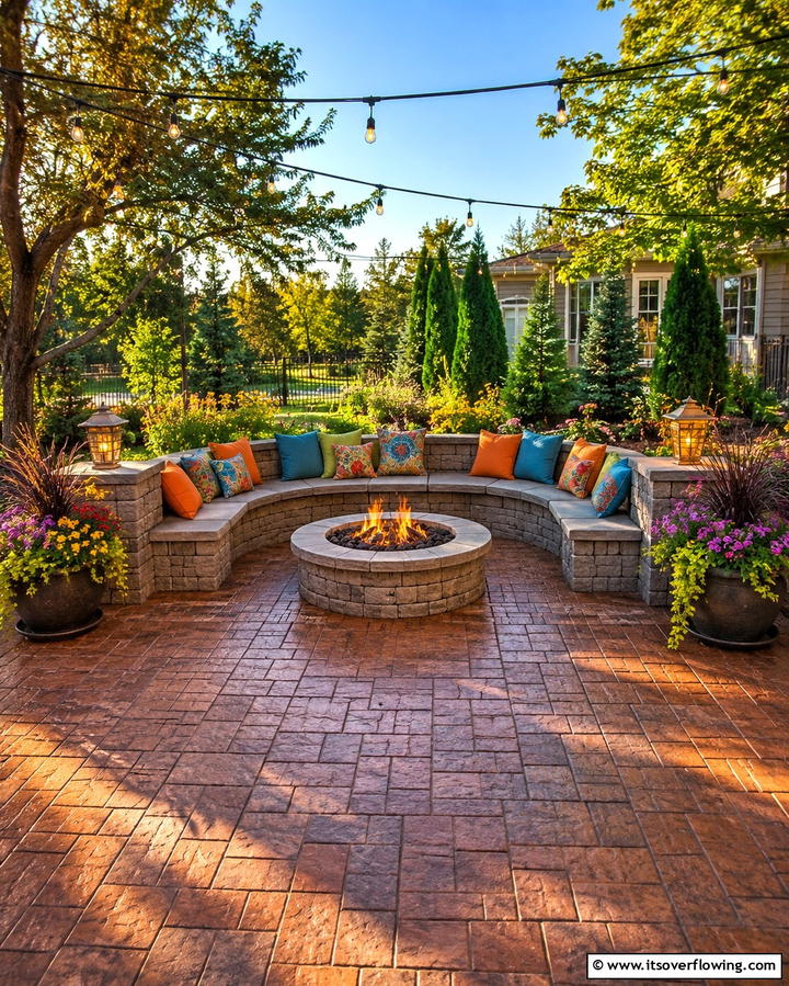 Stamped Concrete Patio with Fire Pit and Seating Wall - 20 Stamped Concrete Patio With Fire Pit Ideas