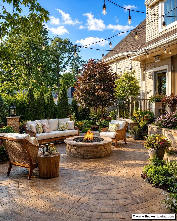 Stamped Concrete Patio with Fire Pit and String Lights - 25 Stamped Concrete Patio With Fire Pit Ideas
