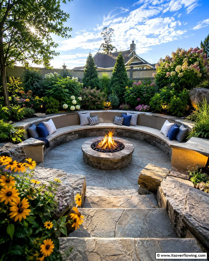 Stamped Concrete Patio with Fire Pit and Sunken Design - 20 Stamped Concrete Patio With Fire Pit Ideas