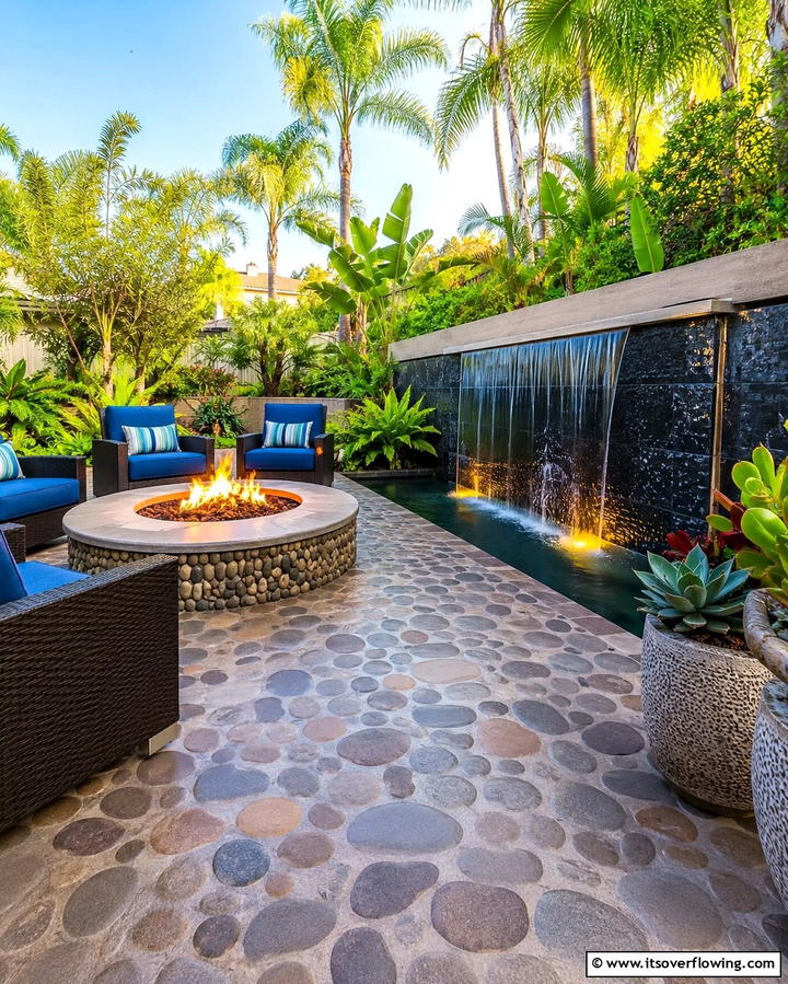 Stamped Concrete Patio with Fire Pit and Water Feature - 20 Stamped Concrete Patio With Fire Pit Ideas