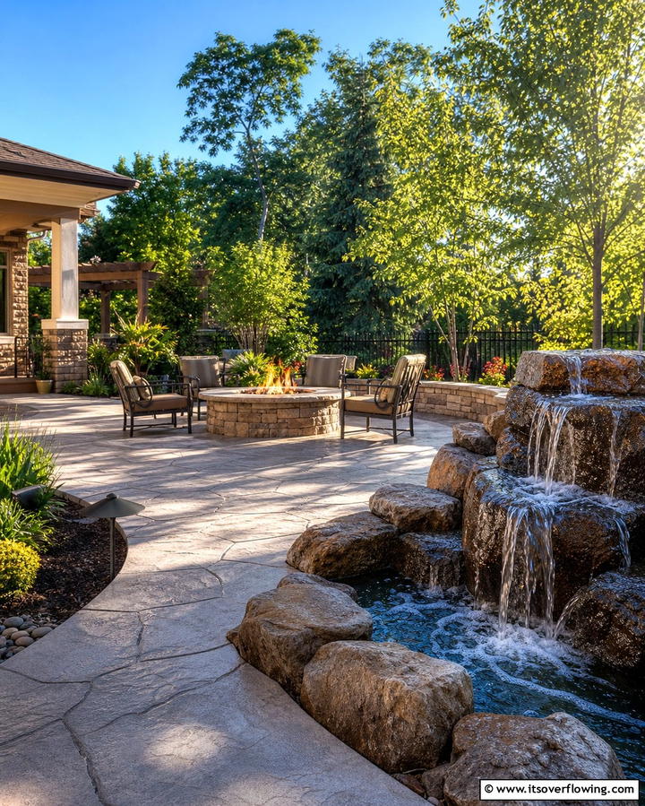 Stamped Concrete Patio with Fire Pit and Water Features - 25 Stamped Concrete Patio With Fire Pit Ideas