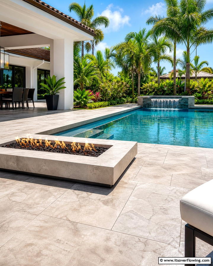 Stamped Concrete Patio with Water and Fire Elements - 25 Stamped Concrete Patio With Fire Pit Ideas