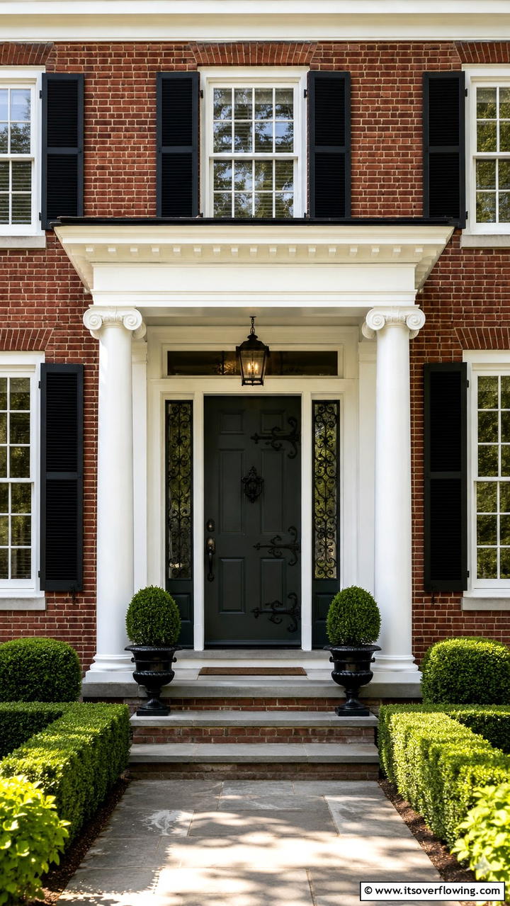 Stately Wrought Iron Accents - 30 Colonial Front Door Ideas to Enhance Your Home’s Charm
