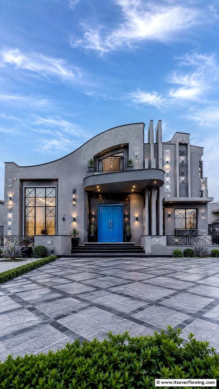 Statement Architectural Elements - 30 Grey House With Blue Door Ideas- Charming Curb Appeal