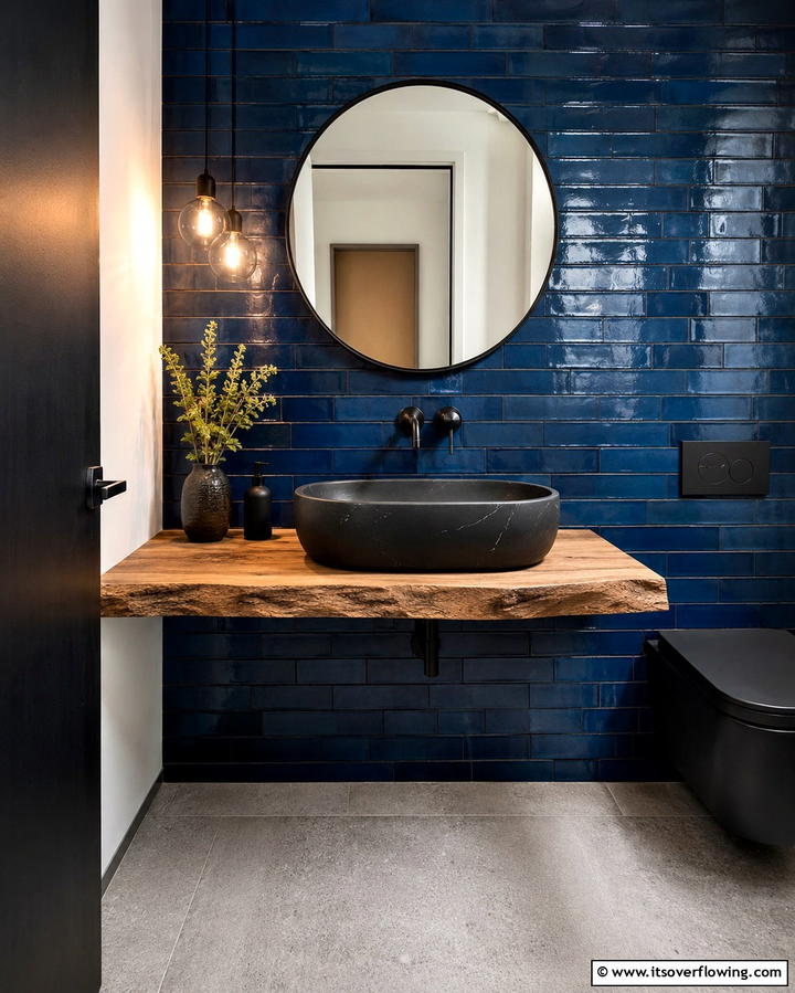 Statement Black Basin with Blue Backdrop - 30 Striking Black and Blue Bathroom Ideas for Dramatic Flair