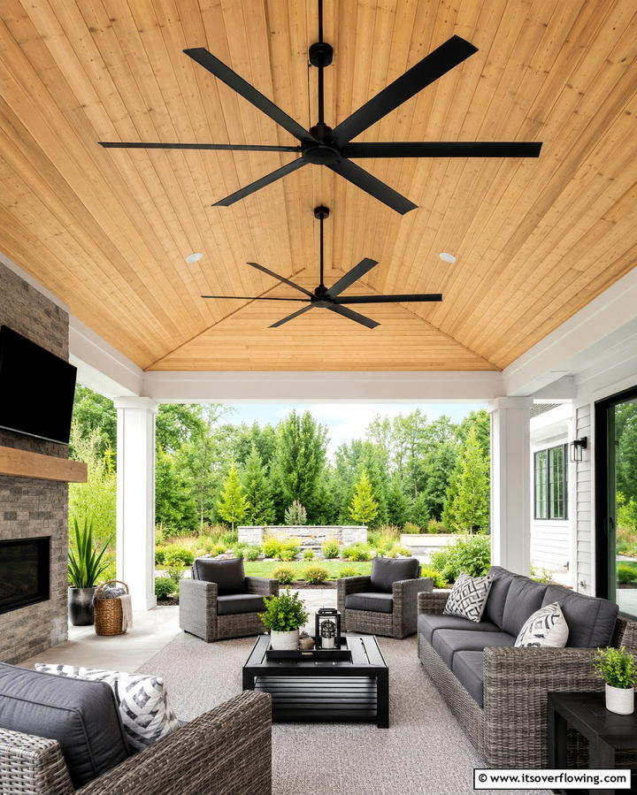 Statement Black Ceiling Fans - 30 Inviting Black Porch Ideas for a Modern Outdoor Oasis