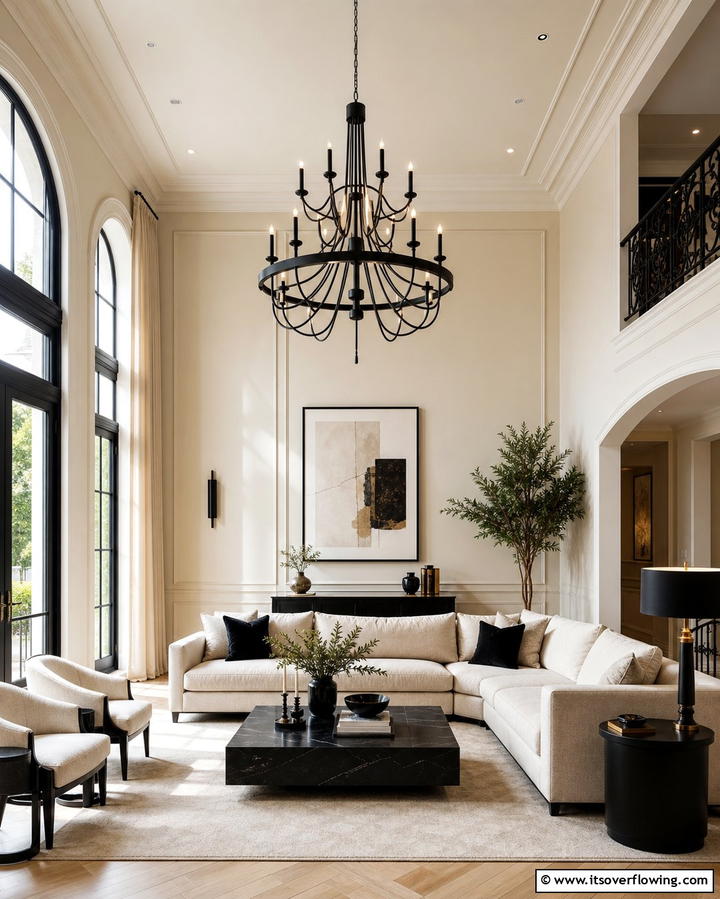 Statement Black Lighting Fixtures - 25 Cream and Black Living Room Ideas for Elegance