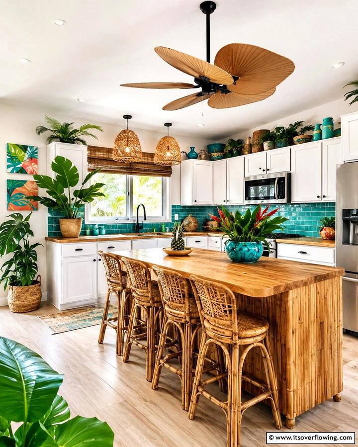 Statement Ceiling Fans - 20 Tropical Kitchen Ideas for a Vibrant Look